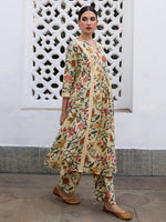 Thumbnail for Janasya Gathered Cambric Beige Floral V-Neck Kurta & Bottom - Distacart