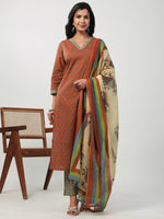Thumbnail for Janasya Regular Cambric Brown Floral V-Neck Set - Distacart