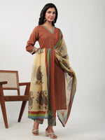 Thumbnail for Janasya Regular Cambric Brown Floral V-Neck Set - Distacart
