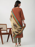 Thumbnail for Janasya Regular Cambric Brown Floral V-Neck Set - Distacart