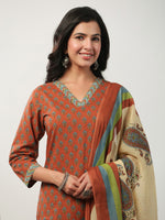 Thumbnail for Janasya Regular Cambric Brown Floral V-Neck Set - Distacart