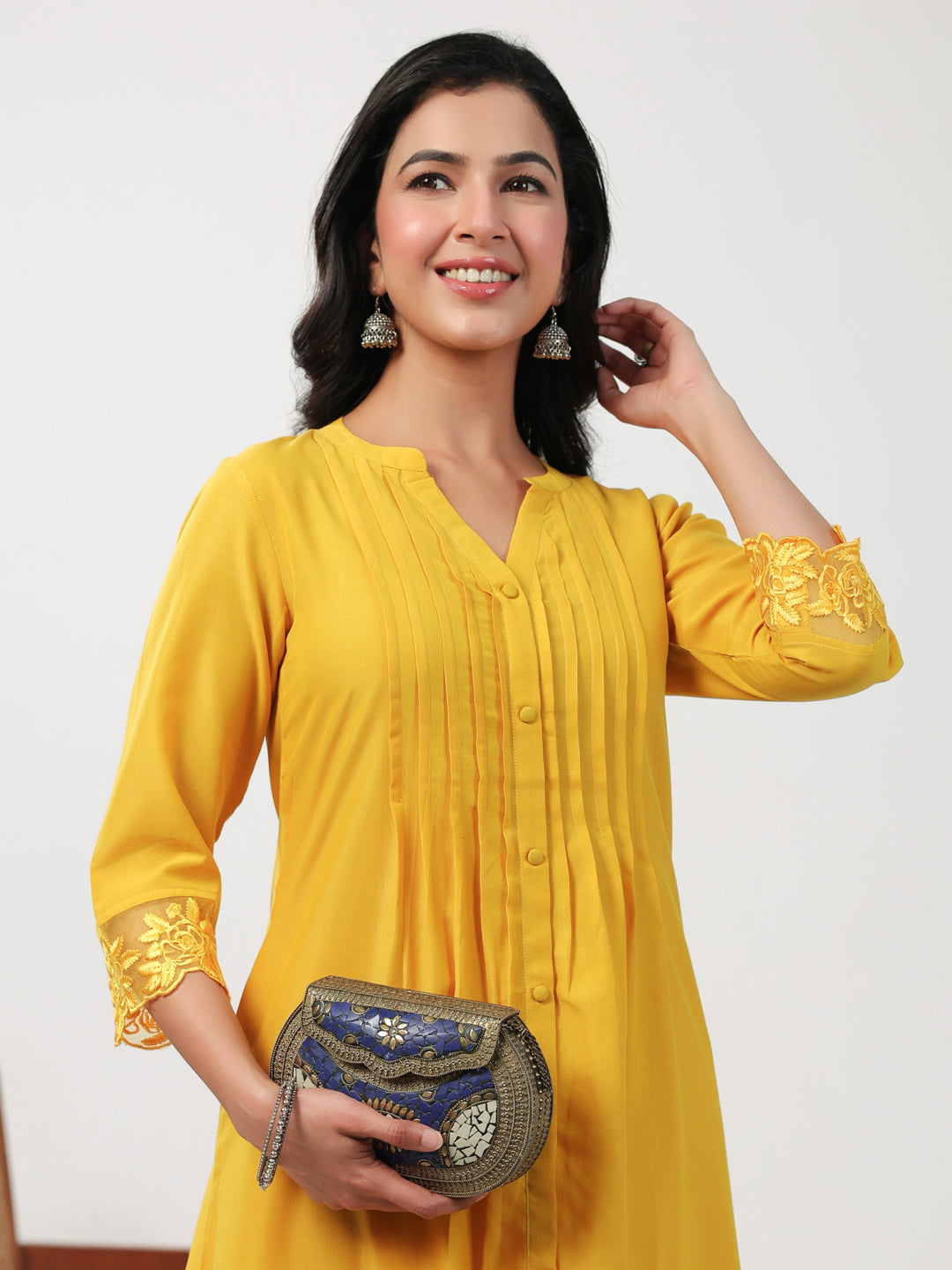 Janasya A-Line Muslin Yellow Embroidered V-Neck with Band Collar Kurta & Bottom - Distacart