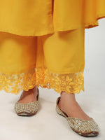 Thumbnail for Janasya A-Line Muslin Yellow Embroidered V-Neck with Band Collar Kurta & Bottom - Distacart
