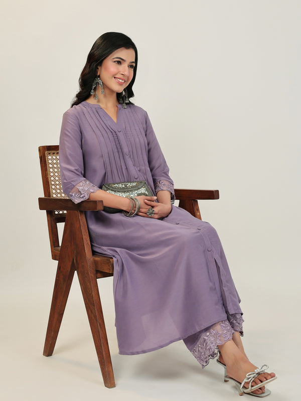 Janasya Dark Muslin Embroidered A-Line Kurta Set