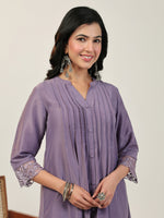 Thumbnail for Janasya A-Line Muslin Lavender Solid V-Neck with Band Collar Kurta & Bottom - Distacart