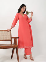 Thumbnail for Janasya Angrakha Muslin Peach Solid V-Neck Kurta & Bottom - Distacart