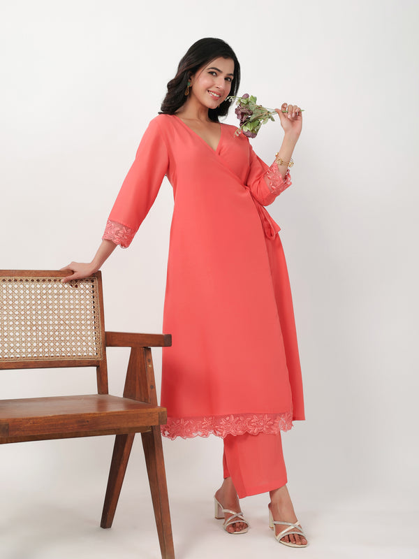 Janasya Angrakha Muslin Peach Solid V-Neck Kurta & Bottom - Distacart