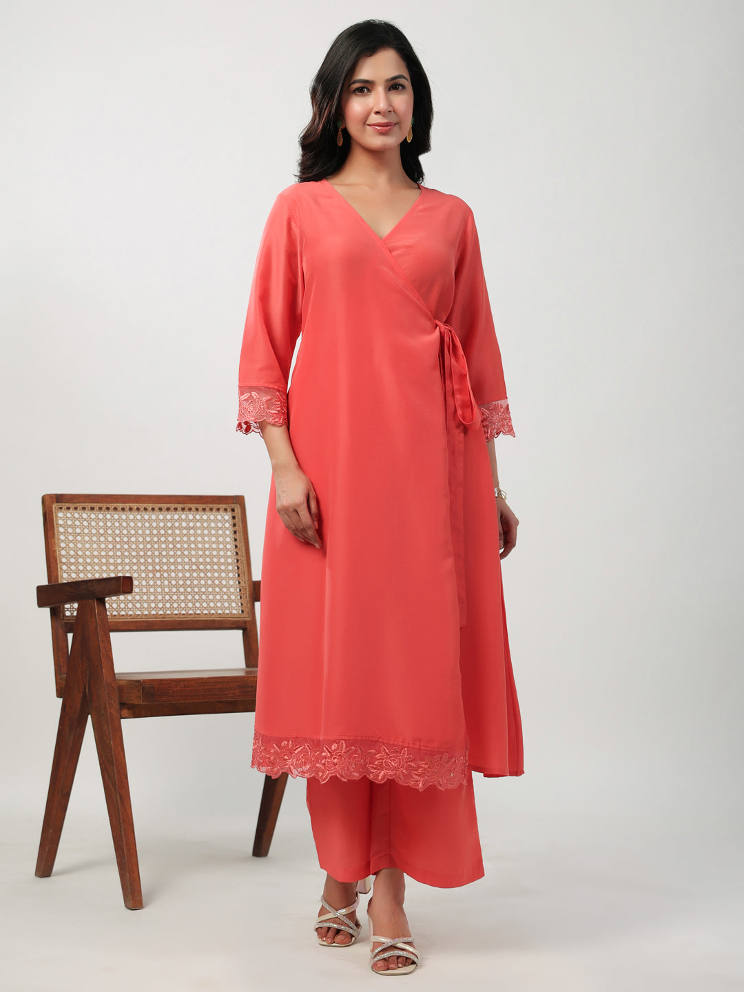 Janasya Angrakha Muslin Peach Solid V-Neck Kurta & Bottom - Distacart