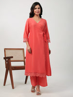 Thumbnail for Janasya Angrakha Muslin Peach Solid V-Neck Kurta & Bottom - Distacart