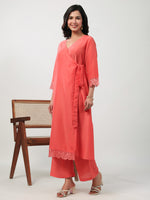 Thumbnail for Janasya Angrakha Muslin Peach Solid V-Neck Kurta & Bottom - Distacart