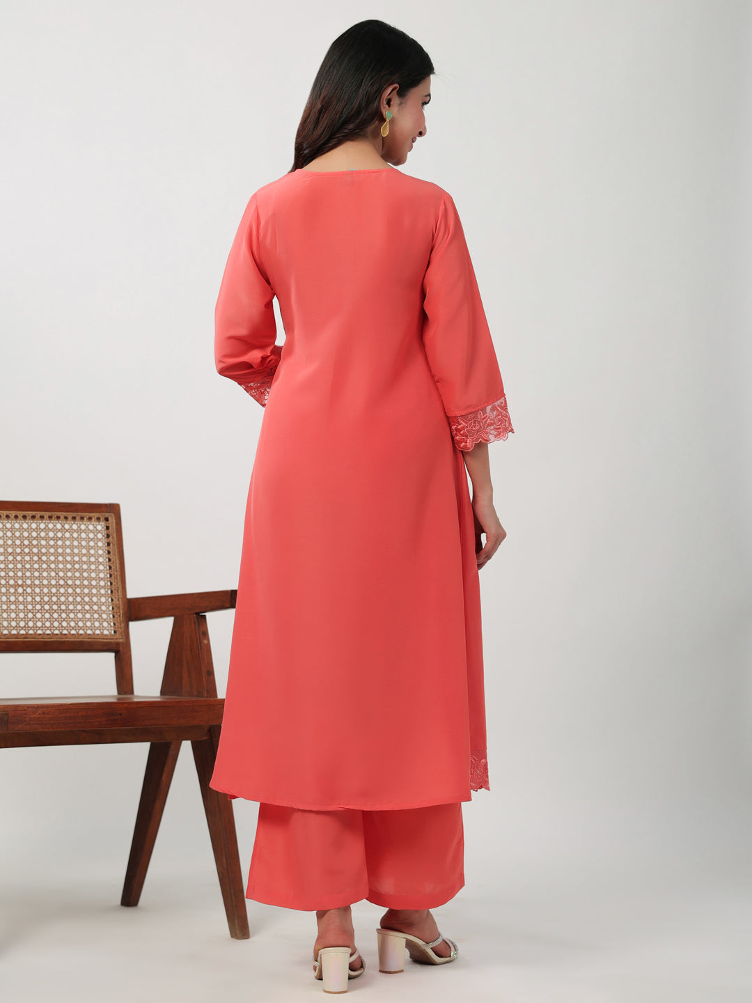 Janasya Angrakha Muslin Peach Solid V-Neck Kurta & Bottom - Distacart