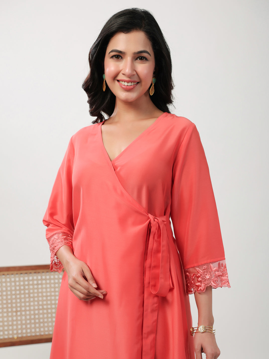 Janasya Angrakha Muslin Peach Solid V-Neck Kurta & Bottom - Distacart