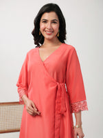 Thumbnail for Janasya Angrakha Muslin Peach Solid V-Neck Kurta & Bottom - Distacart