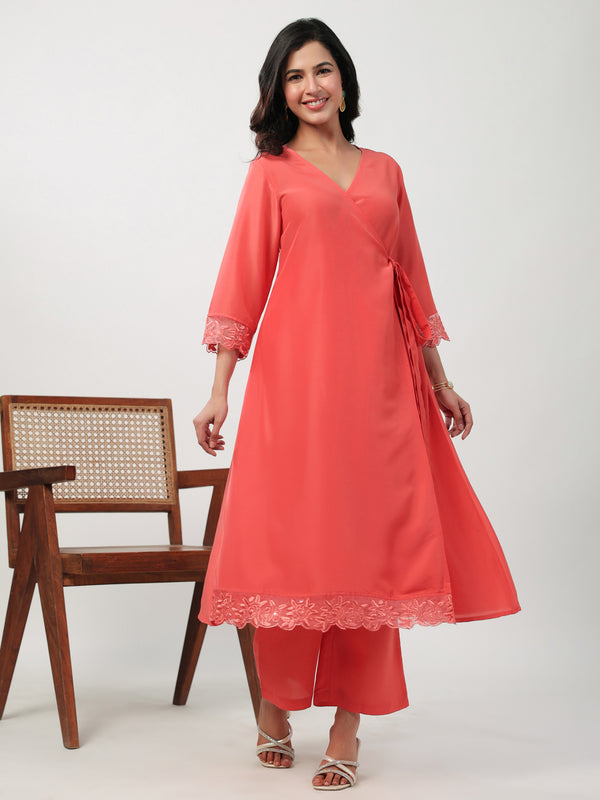 Janasya Angrakha Muslin Peach Solid V-Neck Kurta & Bottom - Distacart
