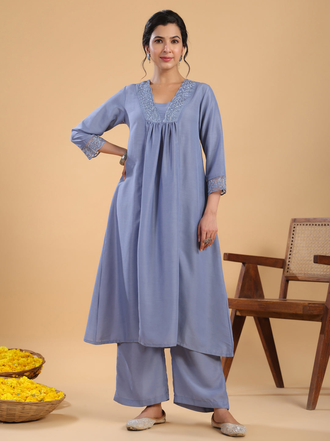 Janasya Gathering Muslin Blue Solid V-Neck Set - Distacart