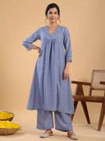 Thumbnail for Janasya Gathering Muslin Blue Solid V-Neck Set - Distacart