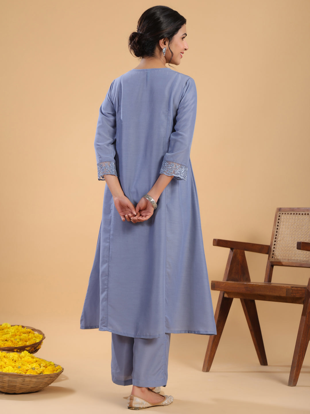 Janasya Gathering Muslin Blue Solid V-Neck Set - Distacart