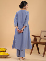 Thumbnail for Janasya Gathering Muslin Blue Solid V-Neck Set - Distacart