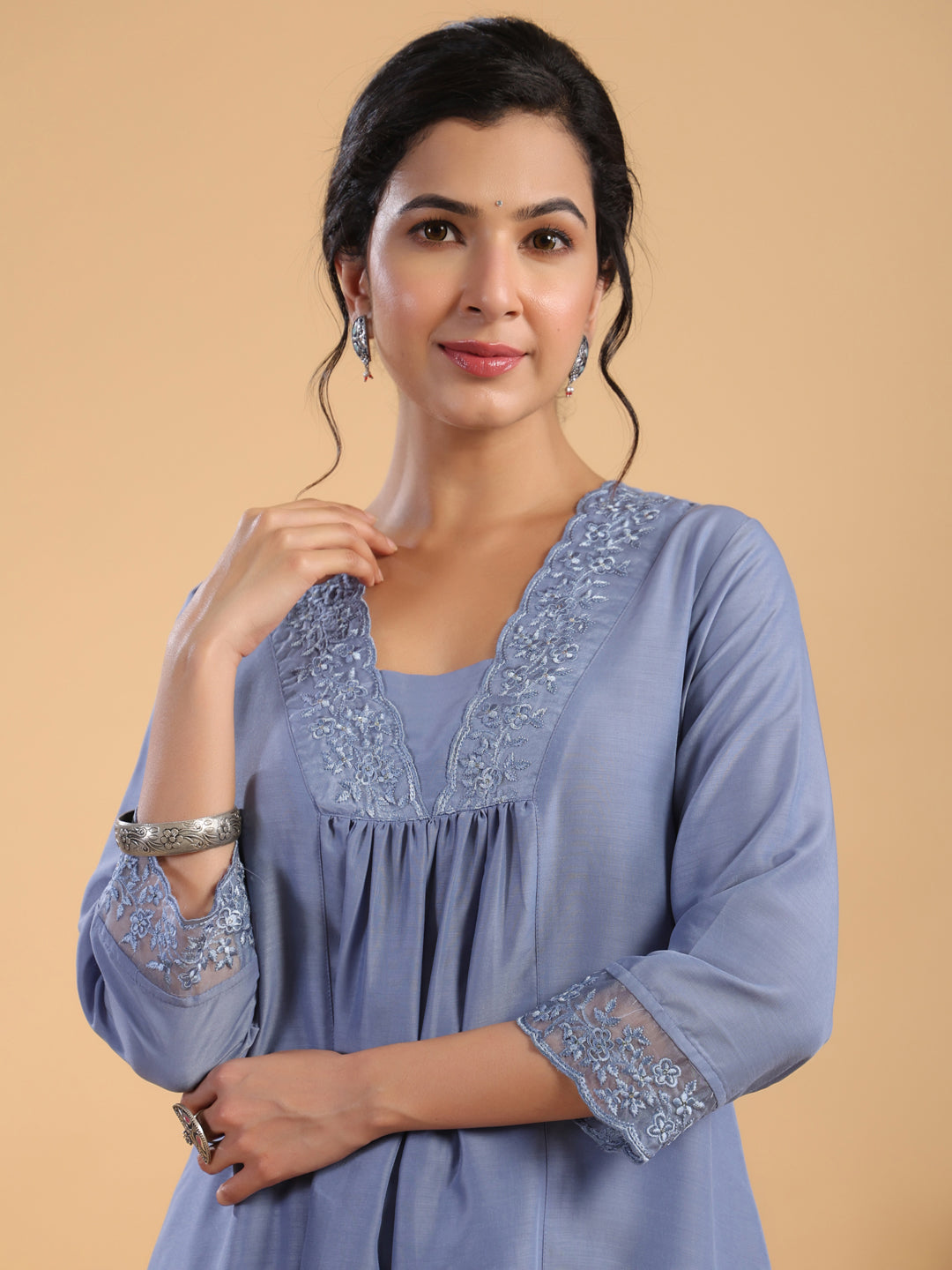 Janasya Gathering Muslin Blue Solid V-Neck Set - Distacart