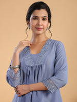 Thumbnail for Janasya Gathering Muslin Blue Solid V-Neck Set - Distacart