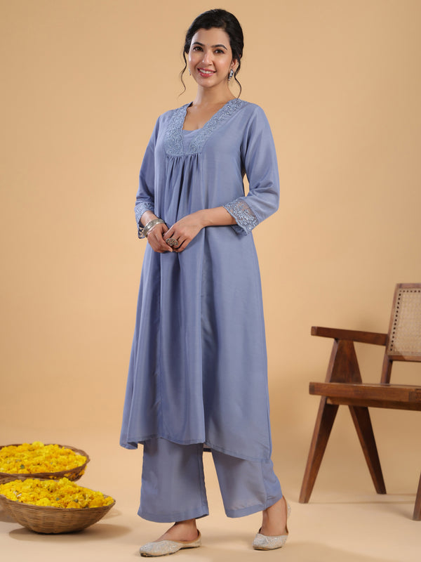 Janasya Gathering Muslin Blue Solid V-Neck Set - Distacart