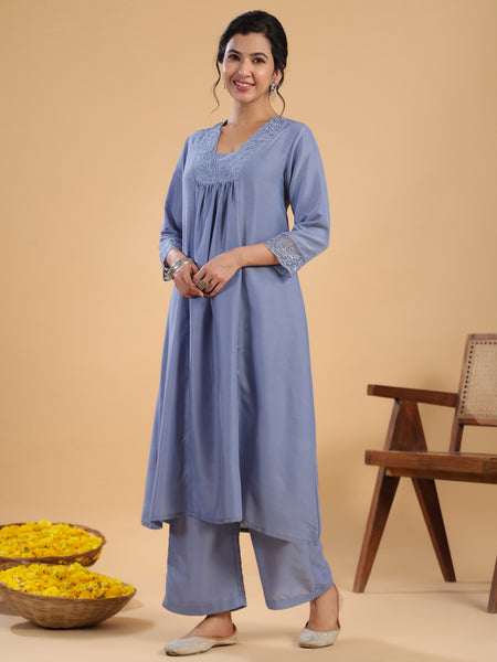 Janasya Gathering Muslin Blue Solid V-Neck Set - Distacart