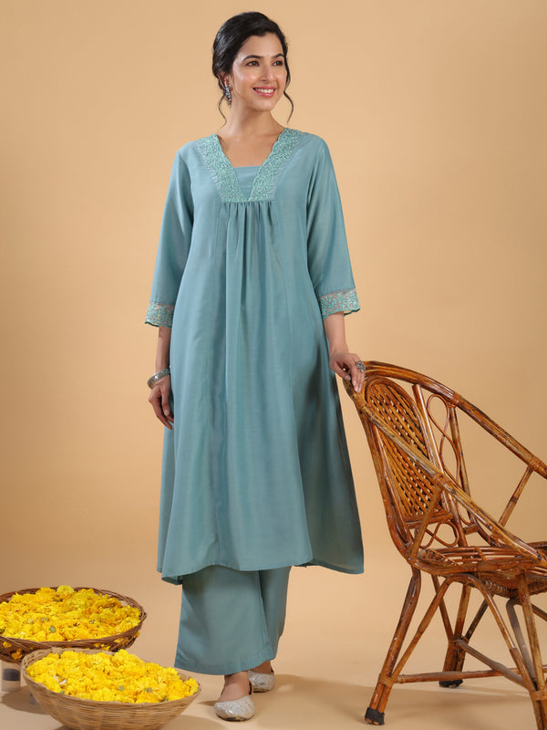 Janasya Gathering Muslin Sage Yoke Embroidery V-Neck Kurta Set - Distacart
