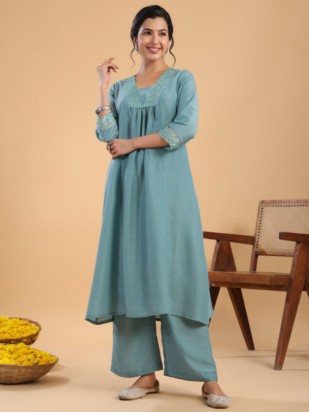 Janasya Gathering Muslin Sage Yoke Embroidery V-Neck Kurta Set - Distacart