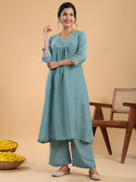 Thumbnail for Janasya Gathering Muslin Sage Yoke Embroidery V-Neck Kurta Set - Distacart
