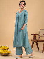 Thumbnail for Janasya Gathering Muslin Sage Yoke Embroidery V-Neck Kurta Set - Distacart