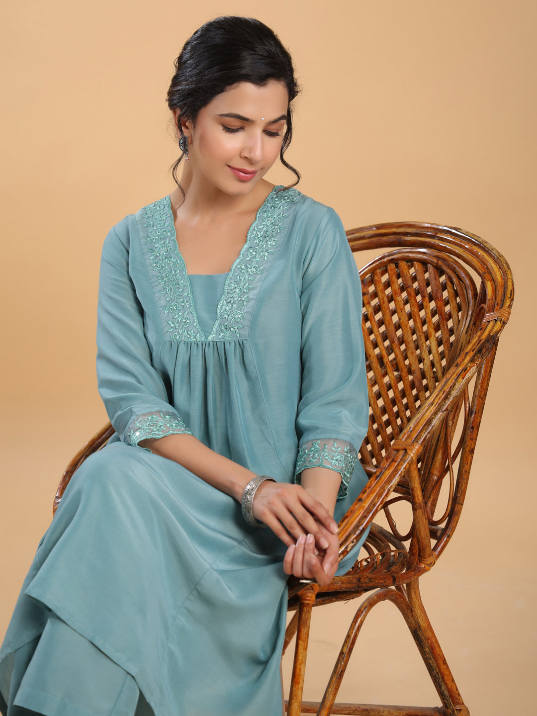 Janasya Gathering Muslin Sage Yoke Embroidery V-Neck Kurta Set - Distacart