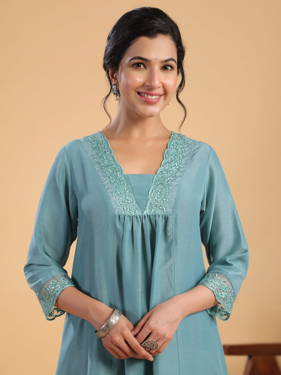 Janasya Gathering Muslin Sage Yoke Embroidery V-Neck Kurta Set - Distacart
