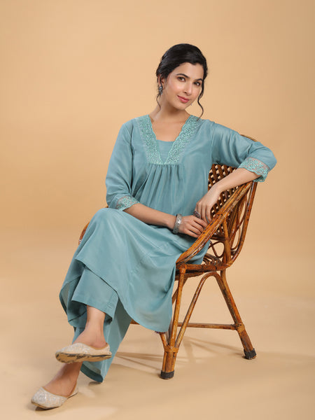 Janasya Gathering Muslin Sage Yoke Embroidery V-Neck Kurta Set - Distacart