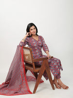 Thumbnail for Janasya Straight Cambric Red Ethnic Motifs V-Neck Set - Distacart