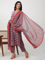 Thumbnail for Janasya Straight Cambric Red Ethnic Motifs V-Neck Set - Distacart