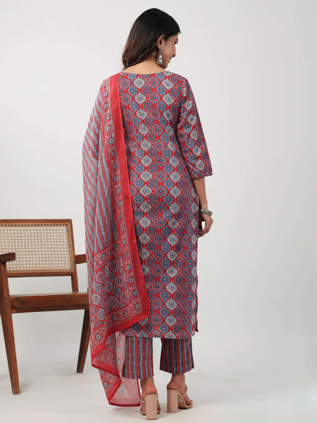 Janasya Straight Cambric Red Ethnic Motifs V-Neck Set - Distacart