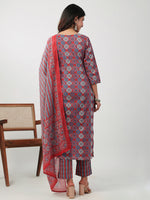 Thumbnail for Janasya Straight Cambric Red Ethnic Motifs V-Neck Set - Distacart
