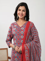Thumbnail for Janasya Straight Cambric Red Ethnic Motifs V-Neck Set - Distacart