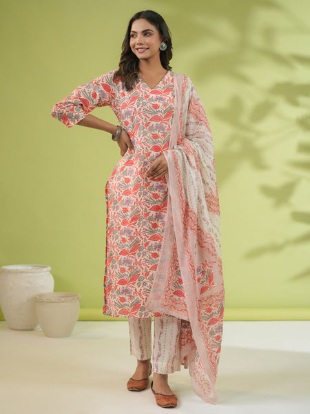 Janasya Straight Cambric Off White Floral V-Neck Set - Distacart