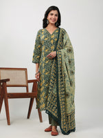 Thumbnail for Janasya Straight Cambric Green Ethnic Motifs V-Neck Set - Distacart