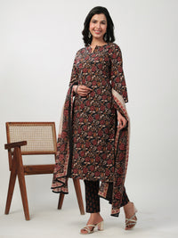Thumbnail for Janasya Straight Cambric Black Floral Notch Neck Kurta,Bottom & Dupatta