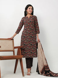 Thumbnail for Janasya Straight Cambric Black Floral Notch Neck Kurta,Bottom & Dupatta