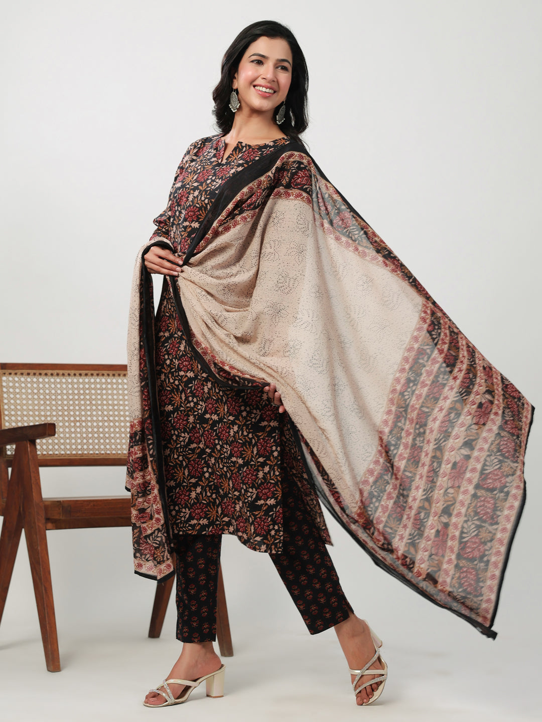 Janasya Straight Cambric Black Floral Notch Neck Kurta,Bottom & Dupatta
