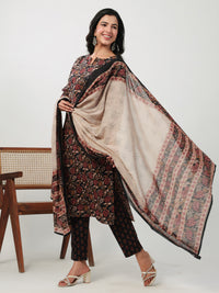 Thumbnail for Janasya Straight Cambric Black Floral Notch Neck Kurta,Bottom & Dupatta