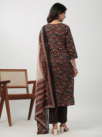 Thumbnail for Janasya Straight Cambric Black Floral Notch Neck Kurta,Bottom & Dupatta