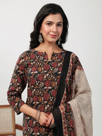 Thumbnail for Janasya Straight Cambric Black Floral Notch Neck Kurta,Bottom & Dupatta