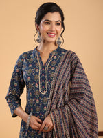 Thumbnail for Janasya Dark Cotton Ethnic Motifs Straight Kurta Set