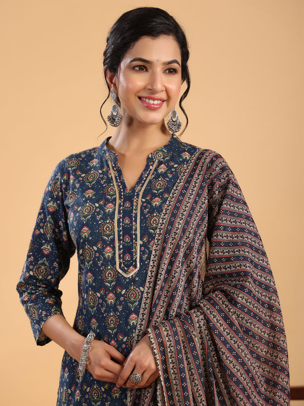 Janasya Dark Cotton Ethnic Motifs Straight Kurta Set