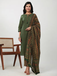 Thumbnail for Janasya Straight Cambric Green Ethnic Motifs Notch Neck Set