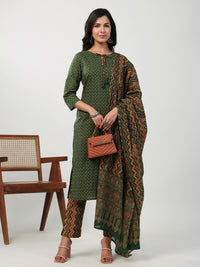 Thumbnail for Janasya Straight Cambric Green Ethnic Motifs Notch Neck Set